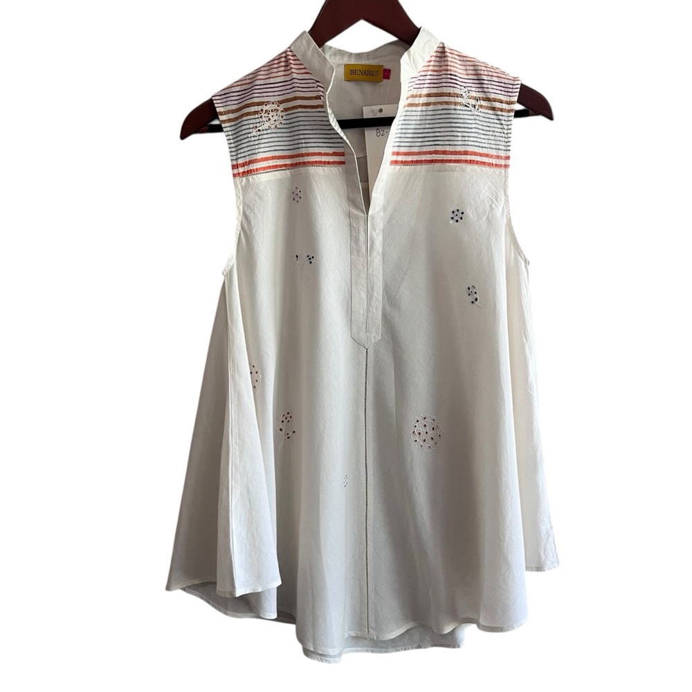 🦩 Benares Cotton Embroidered Sleeveless Tunic Blouse Size Small NWT